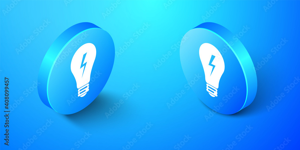 Isometric Light lamp sign. Bulb with lightning symbol icon isolated on blue background. Idea symbol. Blue circle button. Vector.