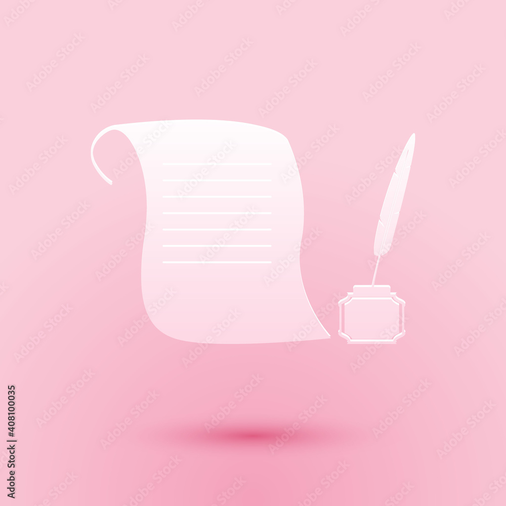 Paper cut Feather in the inkwell and paper scroll icon isolated on pink background. Paper art style. Vector. Paper cut Feather in the inkwell and paper scroll icon isolated on pink background. Paper art style. Vector.