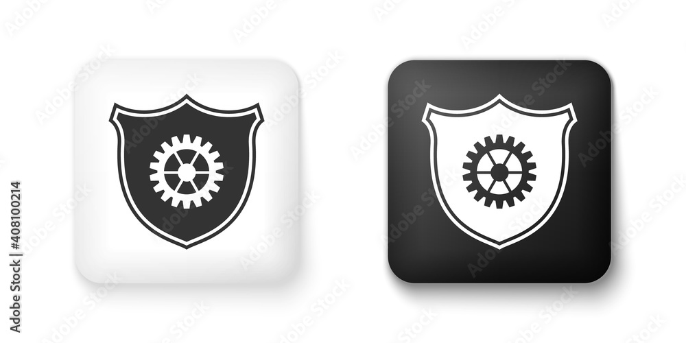 Black and white Shield with gear icon isolated on white background. Square button. Vector. Black and white Shield with gear icon isolated on white background. Square button. Vector.