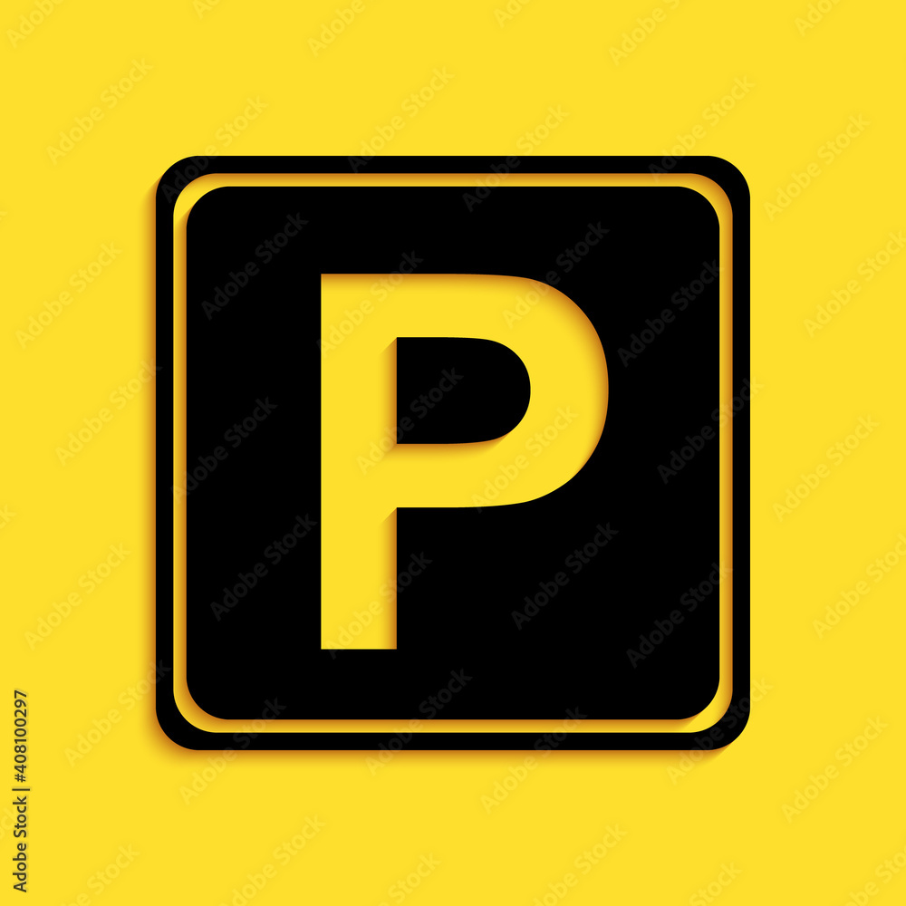 Black Parking sign icon isolated on yellow background. Street road sign. Long shadow style. Vector. Black Parking sign icon isolated on yellow background. Street road sign. Long shadow style. Vector.