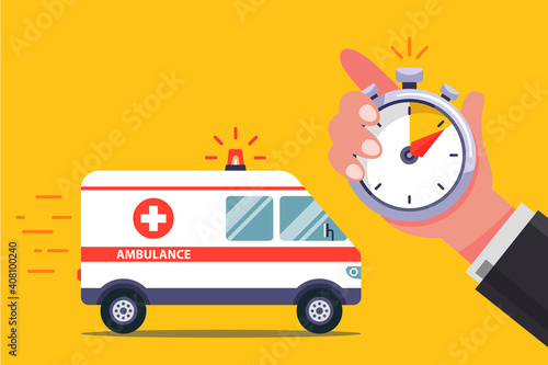 fast ambulance goes to call the patient. flat vector illustration