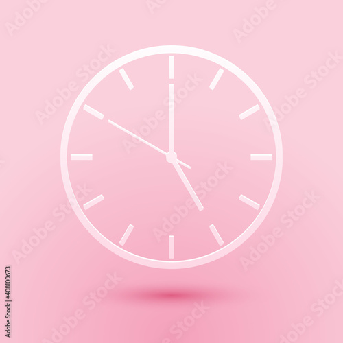 Paper cut Clock icon isolated on pink background. Time symbol. Paper art style. Vector.