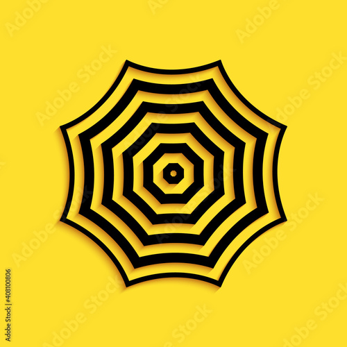 Black Sun protective umbrella fo beach icon isolated on yellow background. Large parasol for outdoor space. Summer vacation or picnic accessory. Long shadow style. Vector.