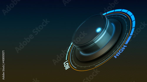 close-up view of a knob turned to high, concept of high performance copy space (3d render) photo