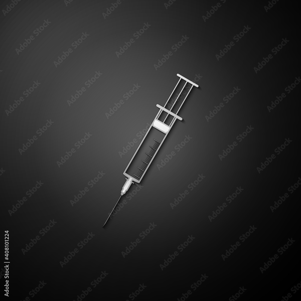 Silver Syringe icon isolated on black background. Syringe sign for vaccine, vaccination, injection, flu shot. Medical equipment. Long shadow style. Vector. Silver Syringe icon isolated on black background. Syringe sign for vaccine, vaccination, injection, flu shot. Medical equipment. Long shadow style. Vector.