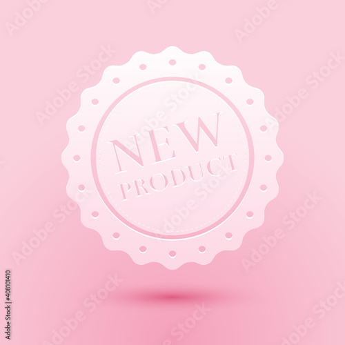 Paper cut New product label, badge, seal, sticker, tag, stamp icon isolated on pink background. Paper art style. Vector.