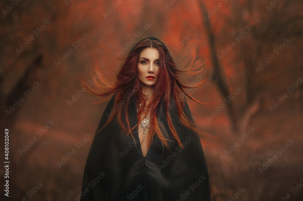 fantasy gothic woman dark witch. Red-haired evil Girl demon in black