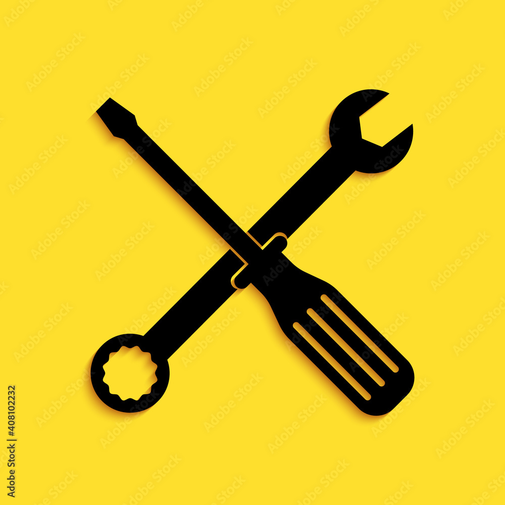 Black Spanner and screwdriver tools icon isolated on yellow background. Service tool symbol. Long shadow style. Vector. Black Spanner and screwdriver tools icon isolated on yellow background. Service tool symbol. Long shadow style. Vector.