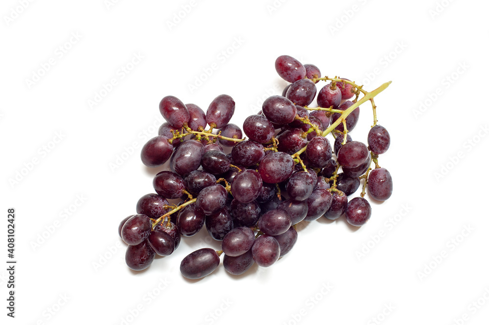 Ripe grapes branch on white background