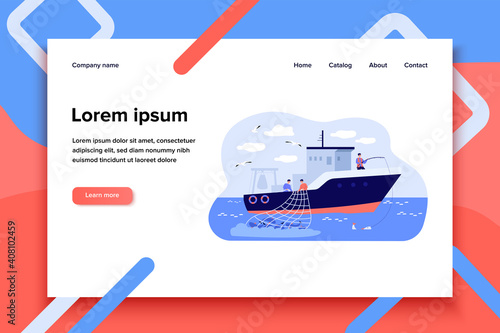Fishermen sailing boat in sea and fishing with rod and net. Vector illustration for fisher job, fishermen ship, commercial fishing concept