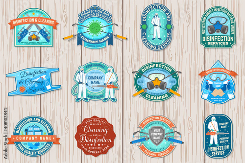 Set of disinfection and cleaning services patch, logo, emblem. Vector For professional disinfection and cleaning company. Vintage typography design with disinfectant worker , respirator and sprayer