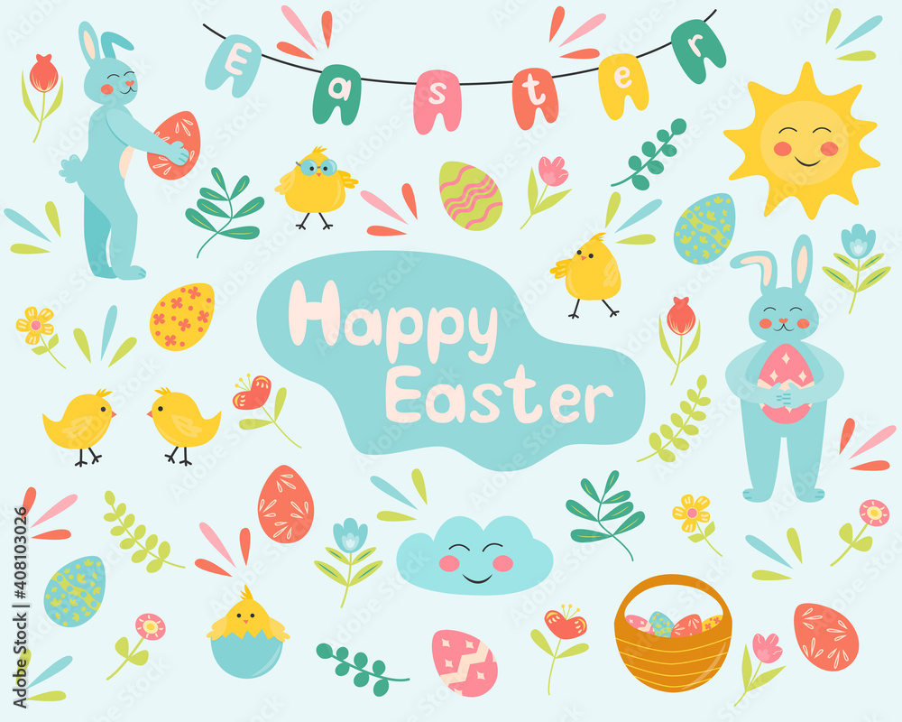 Easter set with spring design elements. Eggs, chicken, rabbit, flowers, basket, leaves, bunny. Perfect for holiday decoration, greeting cards, scrapbooking, party invitation, poster, sticker.