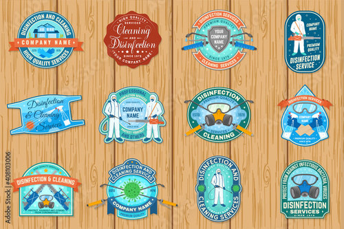 Set of disinfection and cleaning services patch, logo, emblem. Vector For professional disinfection and cleaning company. Vintage typography design with disinfectant worker , respirator and sprayer