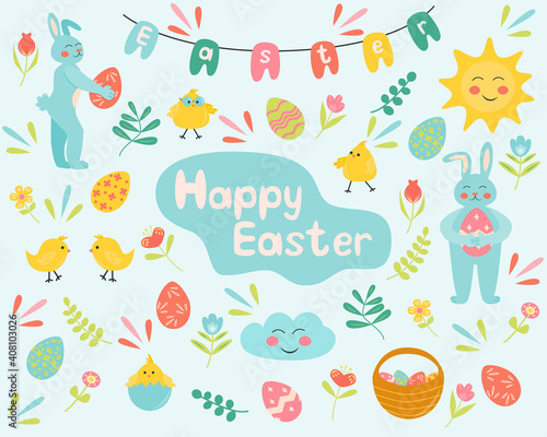Easter set with spring design elements. Eggs, chicken, rabbit, flowers, basket, leaves, bunny. Perfect for holiday decoration, greeting cards, scrapbooking, party invitation, poster, sticker.