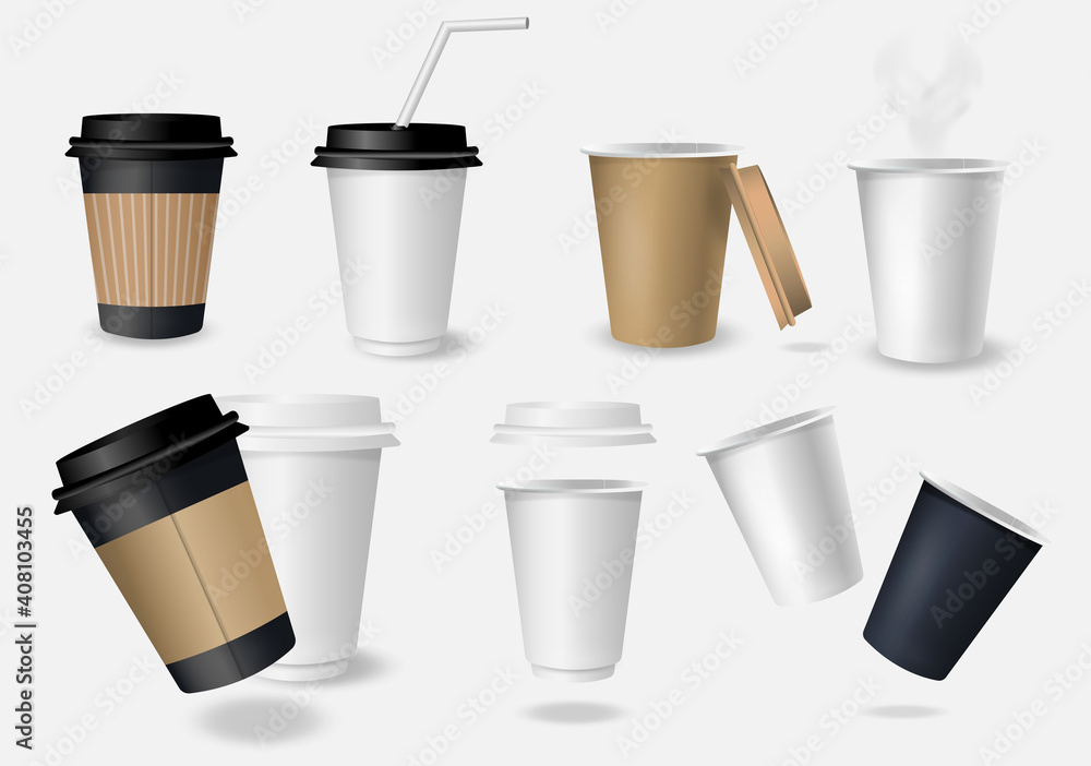 Set of paper coffee cup on white background. Collection 3d coffee cup mockup. Set of paper coffee cup on white background. Collection 3d coffee cup mockup.