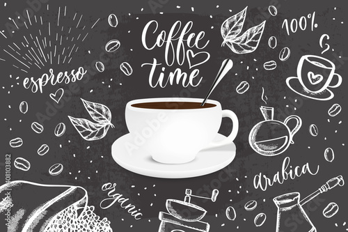Coffee doodle - sketch illustration about coffee time. Vector background with doodle sketch illustration of cafe beans, beverage details for cafe menu. © Siarhei