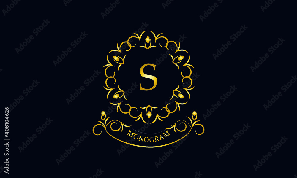 Naklejka premium Stylish decorative monogram with a possible inscription and the letter S. Exclusive gold logo on a dark background for a cafe, a symbol of business, restaurant, hotel, invitations, menus, labels, fash