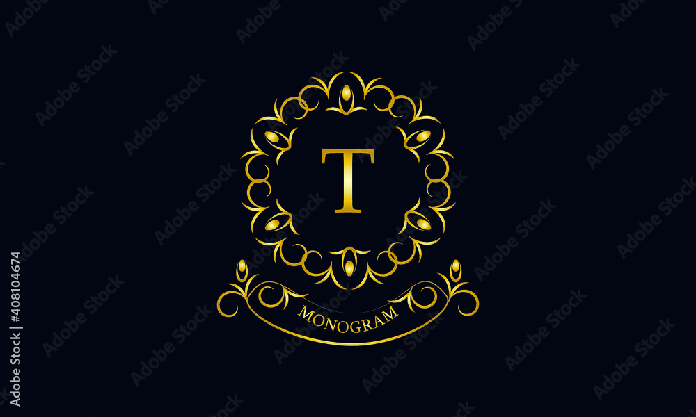 Stylish decorative monogram with a possible inscription and the letter T. Exclusive gold logo on a dark background for a cafe, a symbol of business, restaurant, hotel, invitations, menus, labels, fash Stylish decorative monogram with a possible inscription and the letter T. Exclusive gold logo on a dark background for a cafe, a symbol of business, restaurant, hotel, invitations, menus, labels, fash