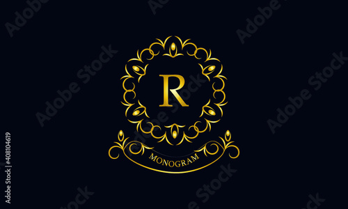 Stylish decorative monogram with a possible inscription and the letter R. Exclusive gold logo on a dark background for a cafe, a symbol of business, restaurant, hotel, invitations, menus, labels, fash