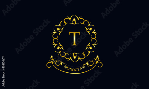 Stylish decorative monogram with a possible inscription and the letter T. Exclusive gold logo on a dark background for a cafe, a symbol of business, restaurant, hotel, invitations, menus, labels, fash