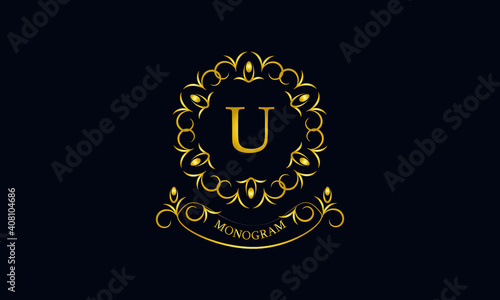 Stylish decorative monogram with a possible inscription and the letter U. Exclusive gold logo on a dark background for a cafe, a symbol of business, restaurant, hotel, invitations, menus, labels, fash
