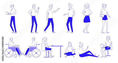 Set of people working in an office setting. Inclusive diverse disabled all working together happy. Characters studying and talking. Vector Flat Line