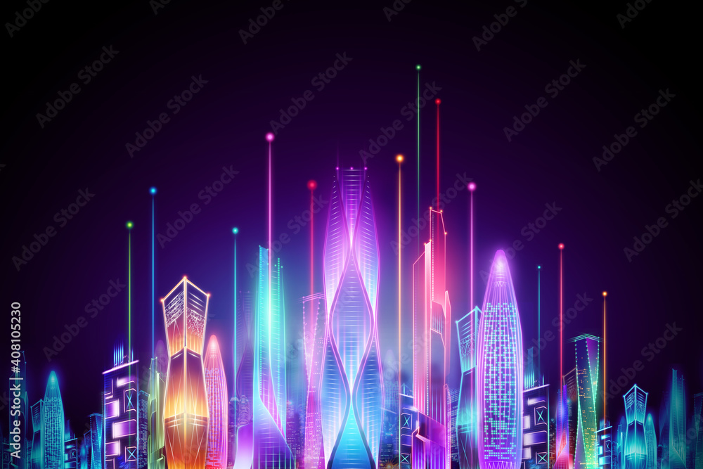 Hologram smart city night neon on dark background, big data transmission technology concept. 3D rendering, 3D illustration.