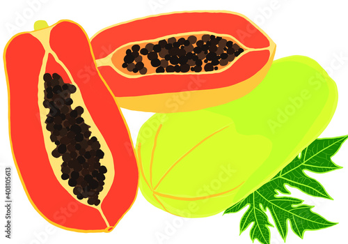 Ripe papaya, whole and cut in half with green leaf isolated on white background. Vector illustration. Vector illustration design. Vector in cartoon flat style.