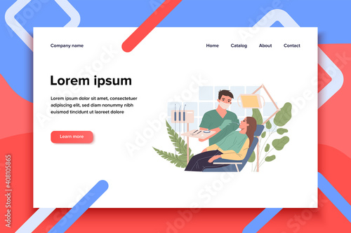 Dentist examining patient teeth. Woman visiting dental practitioners flat vector illustration. Healthcare, dental care, dentistry concept for banner, website design or landing web page