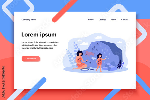 Happy ancient people scratching and drawing life scenes on stone. Vector illustration for prehistoric family activities, rock art, cave people hobby, relics concept