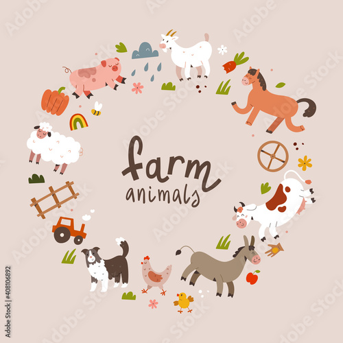 Farm animals frame, copy space template with wreath made of illustrations of domestic animals, cow, sheep and pig illustrated