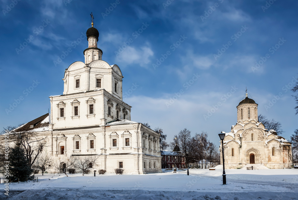 Ancient Spaso-Andronikov Monastery in winter. Moscow, Russia