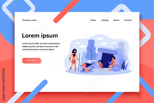 Happy ancient family preparing food flat vector illustration. Cartoon prehistoric cavemen making tools and keeping fire burning. Stone age and history concept