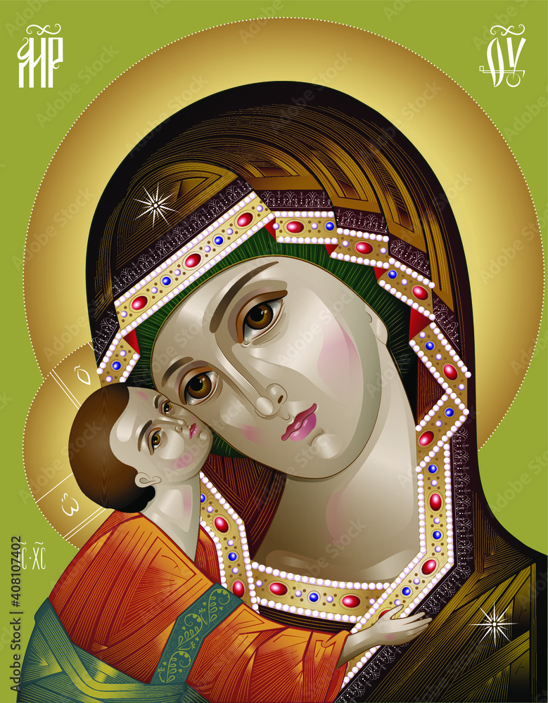 The Blessed Virgin Igorevskaya. Inscriptions in Early Cyrillic alphabet: "Mother of God", "Jesus Christ". Madonna and child. Vector Icon. - obrazy, fototapety, plakaty 