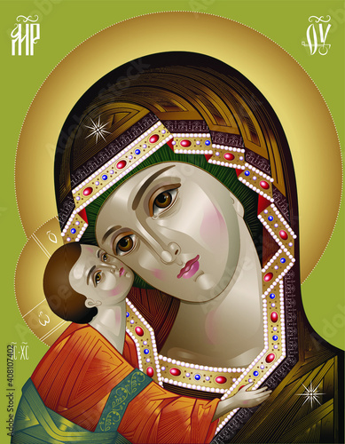 The Blessed Virgin Igorevskaya. Inscriptions in Early Cyrillic alphabet: "Mother of God", "Jesus Christ". Madonna and child. Vector Icon.