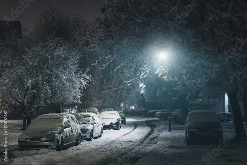 Winter snowfall in a small town street