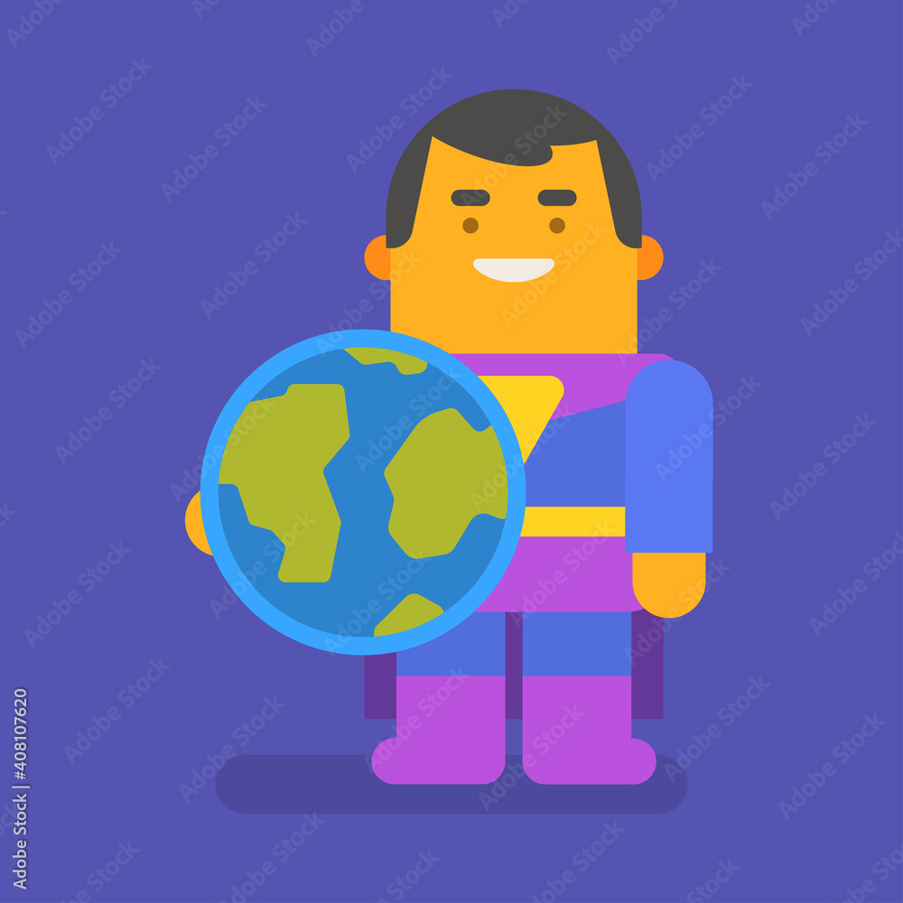 Superhero holding planet earth and smiling. Vector character Superhero holding planet earth and smiling. Vector character