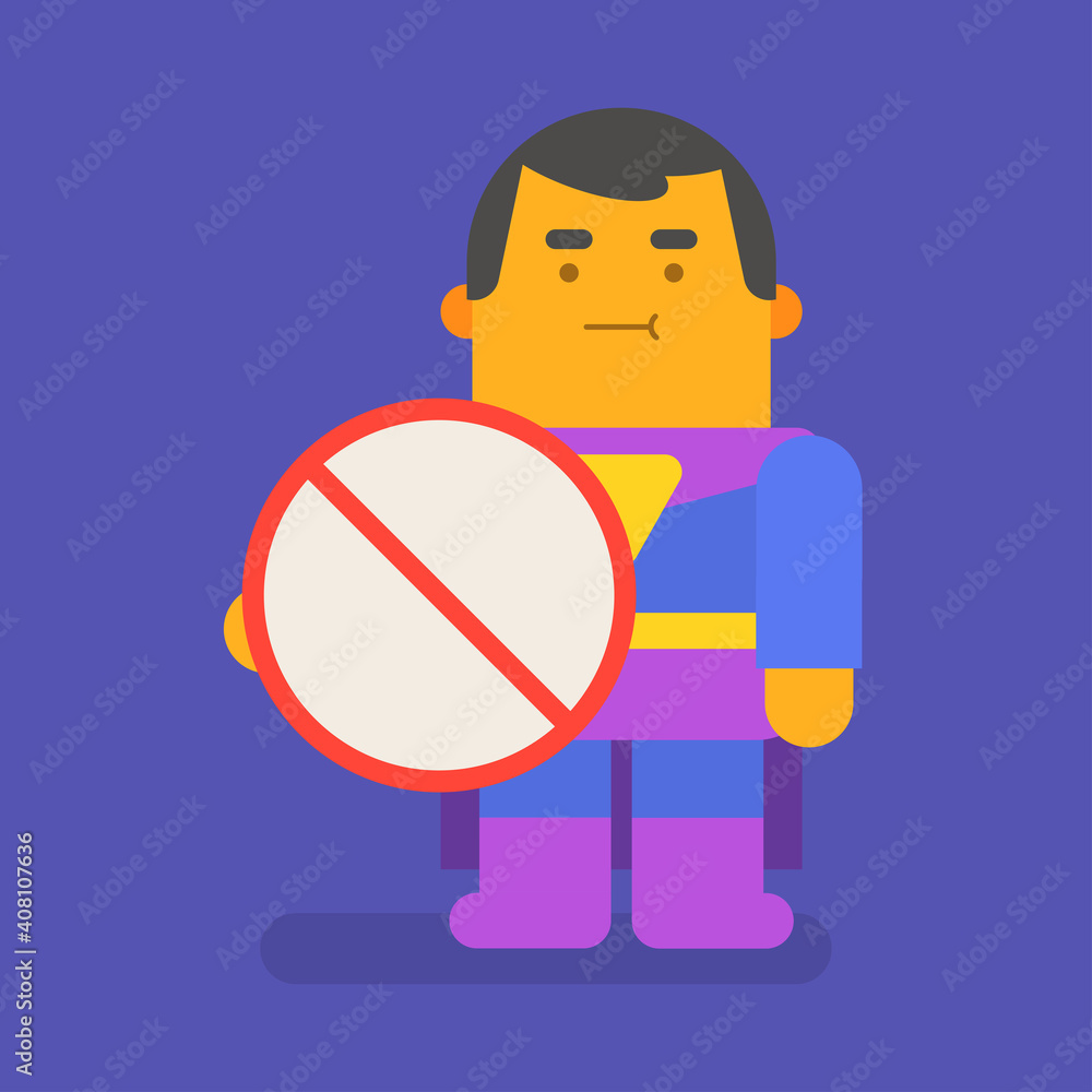 Superhero holding prohibition sign. Vector character Superhero holding prohibition sign. Vector character