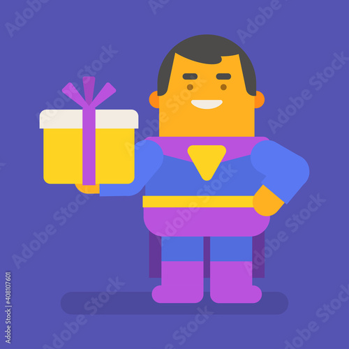 Superhero holding gift box and smiling. Vector character