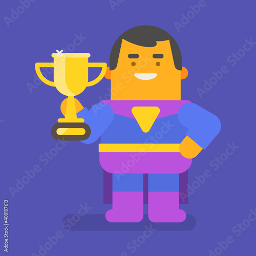 Superhero holding gold cup and smiling. Vector character