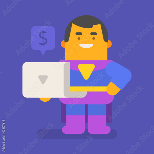 Superhero holding laptop and smiling. Vector character