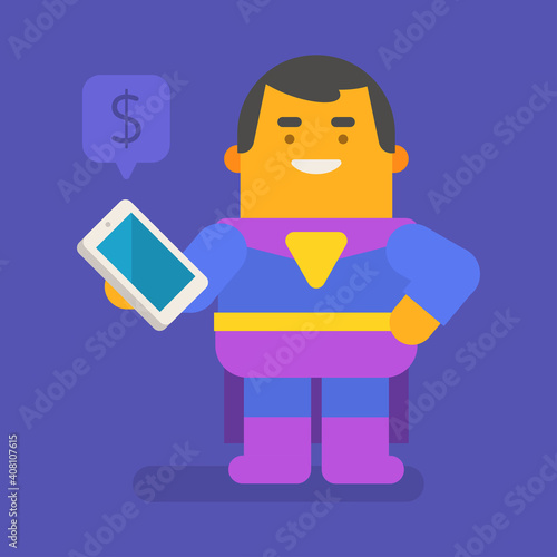 Superhero holding mobile phone and smiling. Vector character
