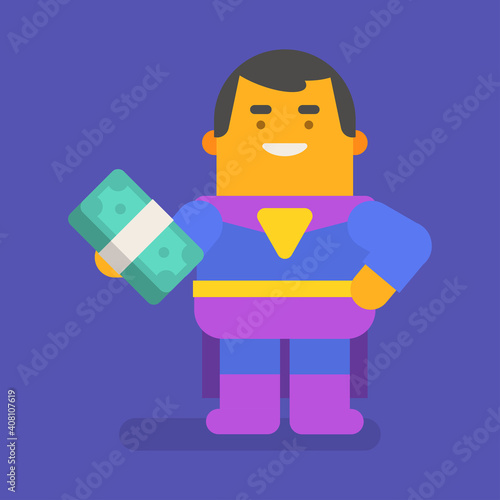 Superhero holding money and smiling. Vector character