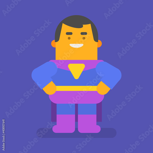 Superhero keeps his hands on his waist and smiles. Vector character