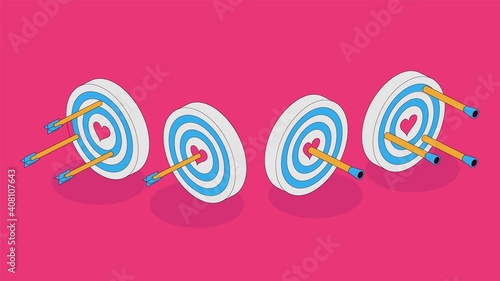 Set of isometric targets with arrow hitting a heart. Isolated elements for Valentine`s day design.