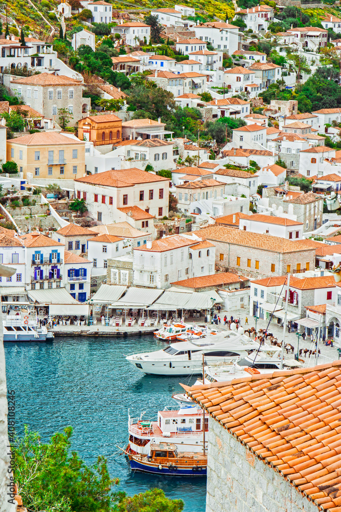 Panorama of the Hydra island, Greece. Traditional greek houses and quay. 