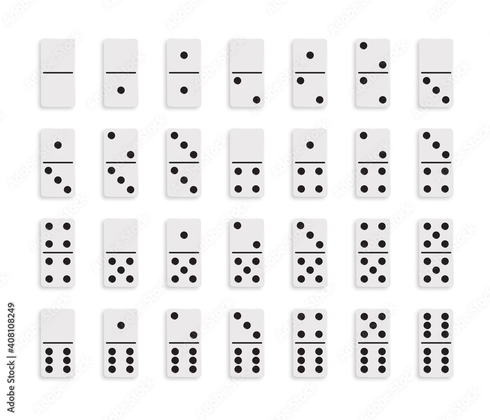 Set White Domino game block with shadow and reflection on white background. Set White Domino game block with shadow and reflection on white background.