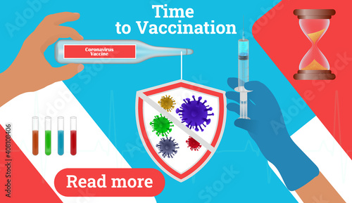 Time to vaccinate. Horizontal web banner with hand holding medical vaccine,syringe,virus sign. Disease prevention. Stock vector illustration on blue isolated background.