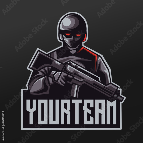 Soldier Space Phantom with Carbine Mascot Sport Illustration Design for Logo Esport Gaming Team Squad
