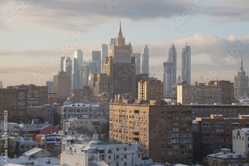 panoramic view of the city of Moscow in winter in sunny weather